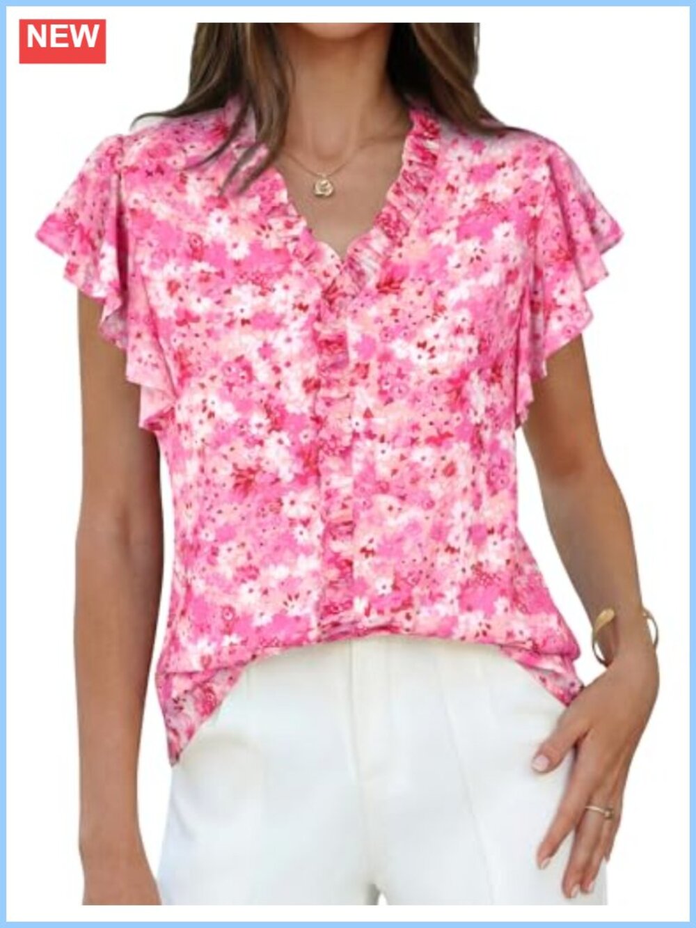 Ruffle Sleeve V-Neck Chiffon Blouse